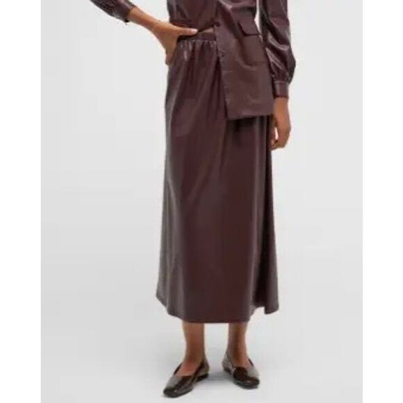 Misook Vegan Faux Leather A-Line Burgundy Pull-On Midi Skirt Side Medium NWT - Picture 1 of 5